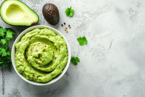 Healthy avocado spread with guacamole dip in a bowl on a white stone background featuring free text space