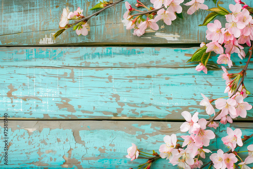 Wooden table with easter or spring theme blurred background. Flowers with copy space for text. Blue, green, teal, and pink colors.