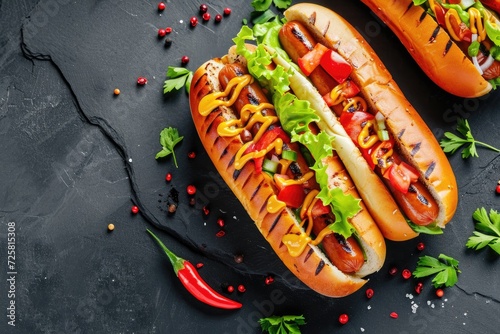 Top view of an American hotdog with grilled sausage tomato and lettuce on a dark background