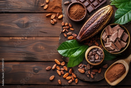 Top view of composition with cocoa pod and products on wooden background