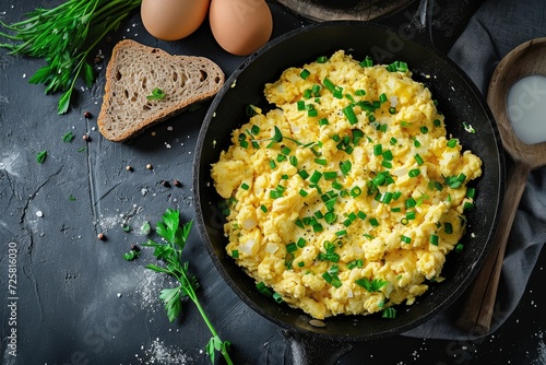 Top view of scrambled eggs in a frying pan with pork lard bread and green onions