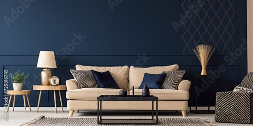 Navy blue living room with patterned carpet, beige couch, and black table