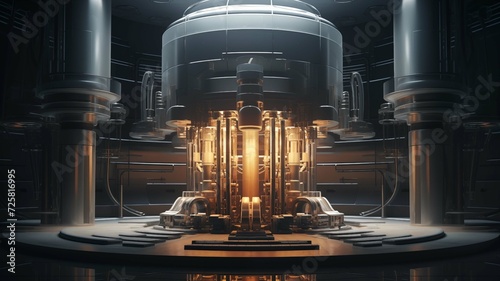 A futuristic nuclear reactor core glows with energy within a complex array of machinery and containment structures