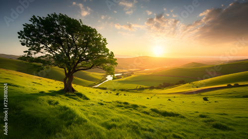 Sunset over Vibrant Green Valley with a Lone Tree - Depiction of Unspoiled Nature and the Need of its Conservation