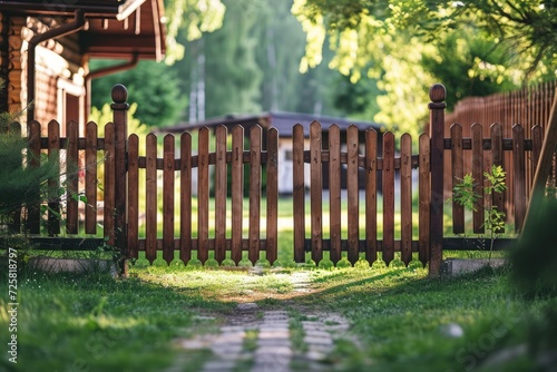 Wooden fence green lawn entrance gate in street photo selective focus