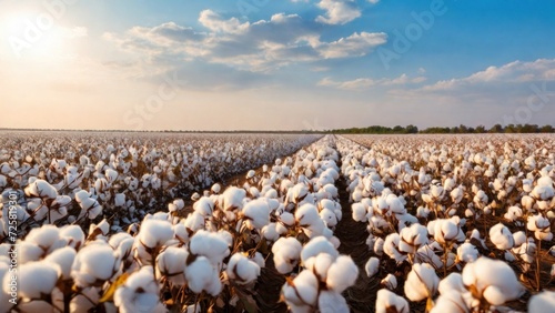 Cotton farm during harvest season. Field of cotton plants with white bolls. Sustainable and eco-friendly practice on a cotton farm. Organic farming. Raw material for textile industry. generative, ai.