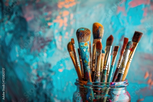 Image of an assortment of vintage paint brushes in a glass container with empty space for text