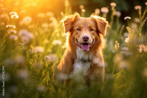Nova scotia duck tolling retriever dog sitting in meadow field surrounded by vibrant wildflowers and grass on sunny day ai generated