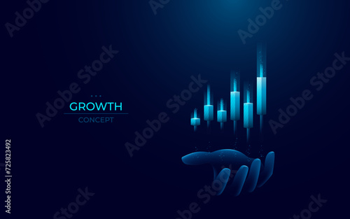 Abstract hand holding light blue candlestick hologram on a palm. Stock market and Trade concept on technology background. Trader holds Japanese candles. Forex grow graph chart. Vector illustration.