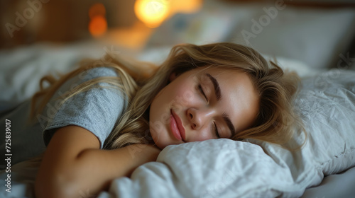 beautiful young girl sleeping in bed, pillow, blanket, lifestyle, dreams, woman, portrait, closed eyes, daily routine, health, sheet, bed linen, top view, sleep