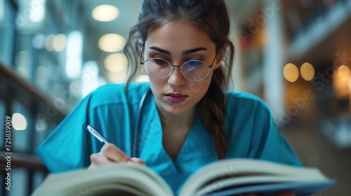 nurse studies while writing in a book