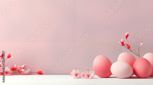 Minimalistyczne różowe tło na życzenia Wielkanocne. Alleluja - Wesołych świąt Wielkiej Nocy. Jajka, kwiaty i inne wiosenne dekoracje.