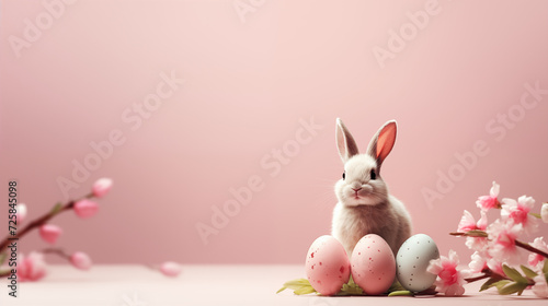 Minimalistyczne różowe tło na życzenia Wielkanocne. Alleluja - Wesołych świąt Wielkiej Nocy. Jajka, zając, kwiaty i inne wiosenne dekoracje.