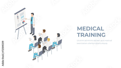 Conference medical doctor clinic research training. Isometry doctor or medic characters concept.