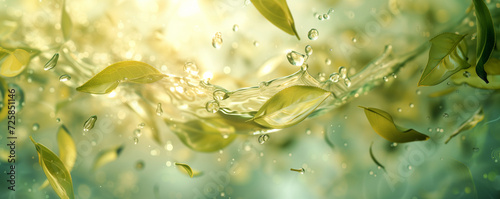Green tea leaves underwater with air bubbles and sunlight. Design for beverage advertising, health and wellness promotion, spa and relaxation poster. Backdrop with copy space.