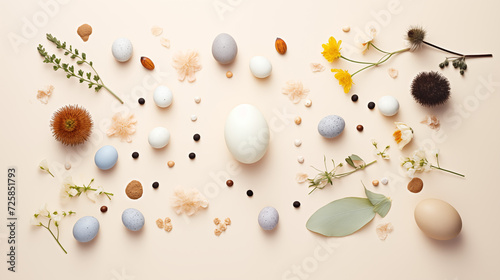 Minimalistyczne jasne tło na życzenia Wielkanocne. Alleluja - Wesołych świąt Wielkiej Nocy. Jajka, piórka, kwiaty i inne wiosenne dekoracje.