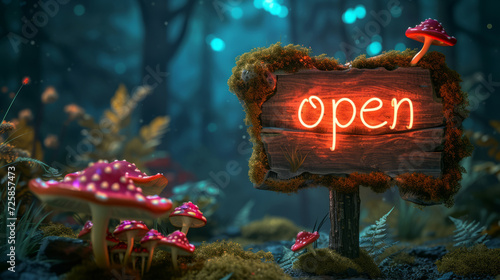 wooden sign in the woods with the inscription openly illuminated with light flytrap night background