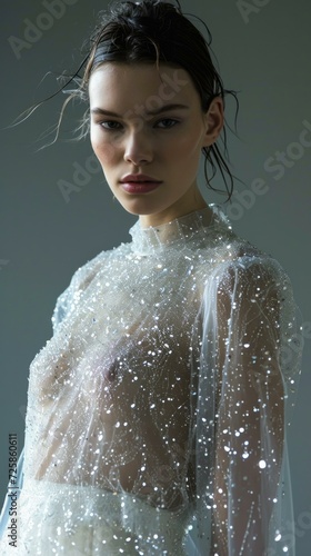 A model wearing a sheer dress with glitter. Generative AI.