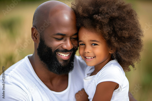 African American father with a beard hugs his curly-haired daughter and smiles.