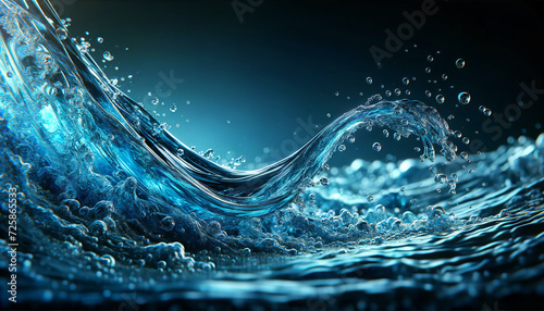 Dynamic water splash forming a fluid wave, with vivid blue tones and transparent droplets in a freeze-motion, symbolizing purity and movement.Background concept. AI generated.