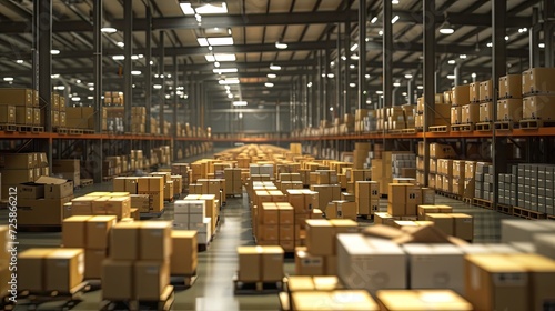 a modern warehouse filled with stacks of small parcel boxes, showcasing the efficient logistics and distribution processes in action.