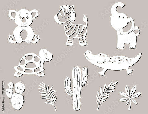 Set of tropical animals, plants, clouds and the sun. For laser plotter cutting, for baby decor