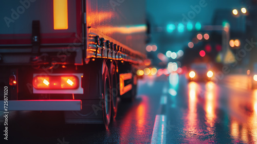 Night lights of truck and cars on city street