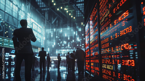 bustling stock exchange floor with traders intently watching large digital screens displaying dynamic interest rates, vividly illuminated numbers against a dark background, a sense of urgency and focu
