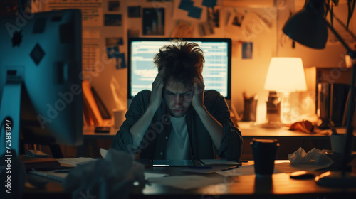 Erschöpfte Person arbeitet spät in einem abgedunkelten Raum vor einem Computerbildschirm
