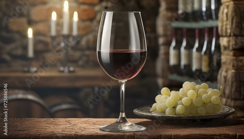 Taça de vinho em cima de mesa de uma adega antiga