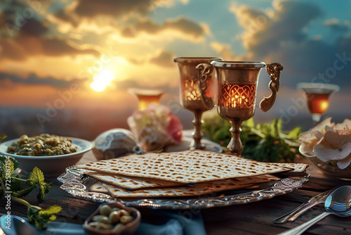 Passover Seder with wine and matzah, Pesah celebration concept