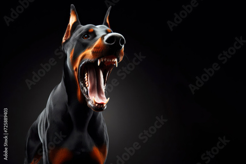 angry doberman dog with open mouth isolated on black solid background. ai generative
