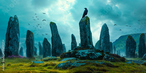 Crow perched atop ancient menhir standing stone, Ireland, Celtic, the Morrigan myth legend, wide banner