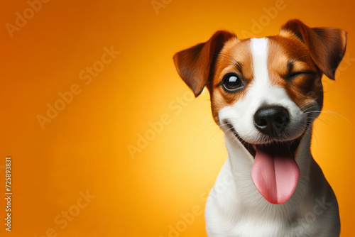 Jack Russell Terrier Dog winking and sticking out tongue on solid color bright background. ai generative