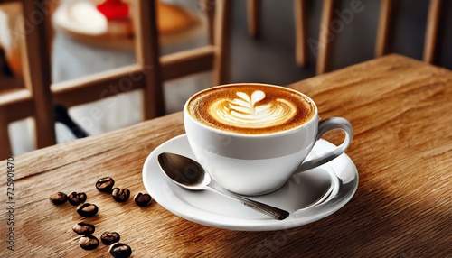 Xícara de café com desenho na mesa de uma cafeteria, colher ao lado e grãos de café