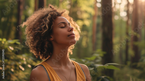 Woman doing yoga breathing exercises for relaxation, spiritual health and fitness in nature