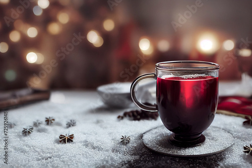 Mulled wine in the glass on the snow table, cozy rustic blurred background, hot drink for cold winter, christmas season new year holiday, red punch in the mug