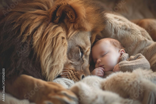 A newborn rests close to a lifelike lion, both nestled in a soft, furry texture, symbolizing protection and tenderness. care and the innocent bond between children and animals.