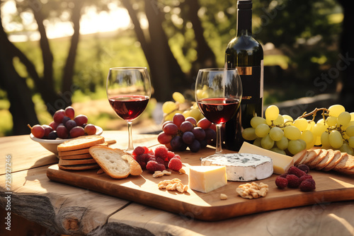 a picnic with a charcuterie / cheese board and wine in the park