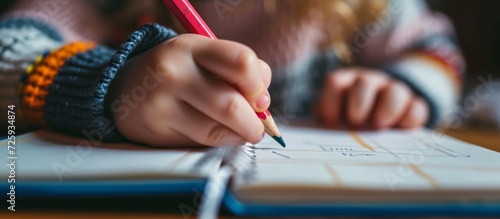 A child, unidentifiable, uses pencils to draw in a notebook.