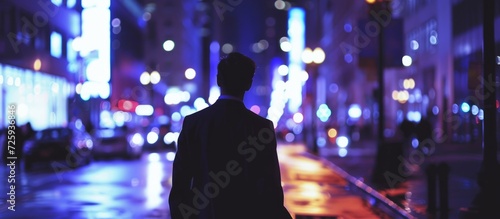 A suited person strolling downtown, admiring urban buildings and streetlights at night.