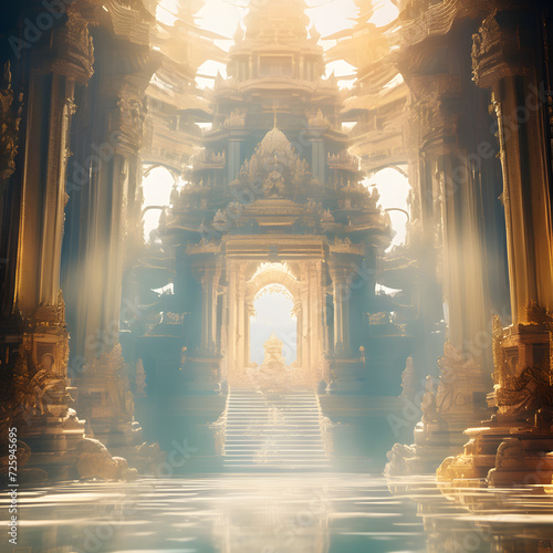 Opulent acient Temple of lost Lemuria civilization bathed in golden light. culture concept. Ai generated