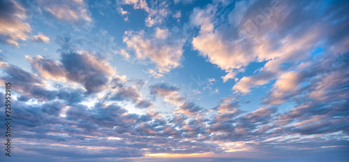 Panoramic background of evening sky with beautiful stormy clouds