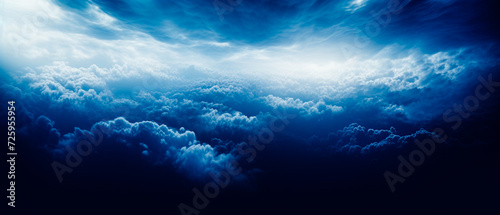 Ethereal clouds in dark navy and white, dreamlike horizons, aerial view with chiaroscuro. Realistic yet dreamy atmosphere. High detailed shot