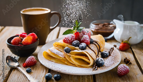 Delicious Chocolate Crepe Breakfast - Fresh Crepe - Berries - Fruit - Coffee - Fresh Breakfast - Morning Meal