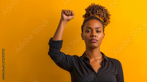 une femme type afro le poing levé sur un fond jaune