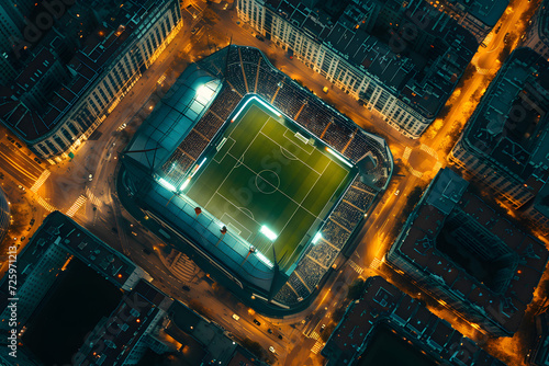 Aerial View of a Soccer Field at Night
