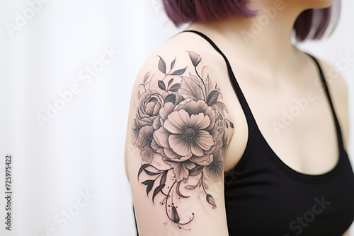 Black flower tattoo on skin. Black flower tattoo on arm.Woman's tattoo, flowers. Flower tattoo. Black color. Tattoo ideas for women. Tattoo parlor. Tattoo artist profession. ​