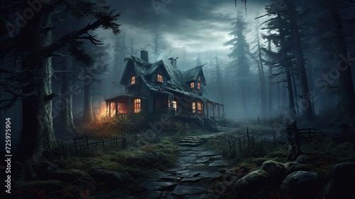 illustration, a haunted house with light, and a gloomy forest