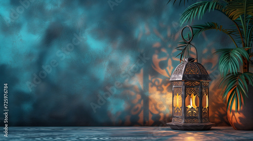 deep navy blue background with a plant is gracefully illuminated by an elegant Arabesque lantern